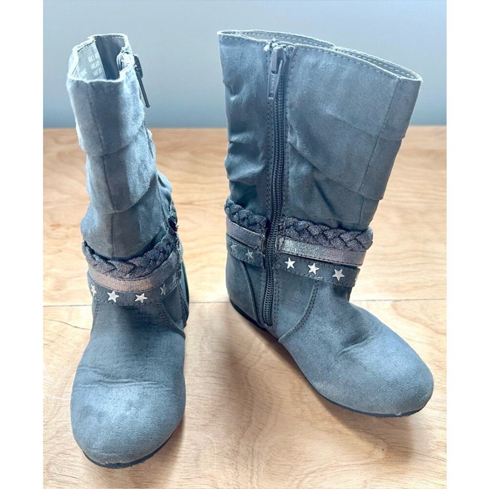 Toddler Girls Gray Mid Calf Boots Size 9 Star Strap Side Zip Faux Suede